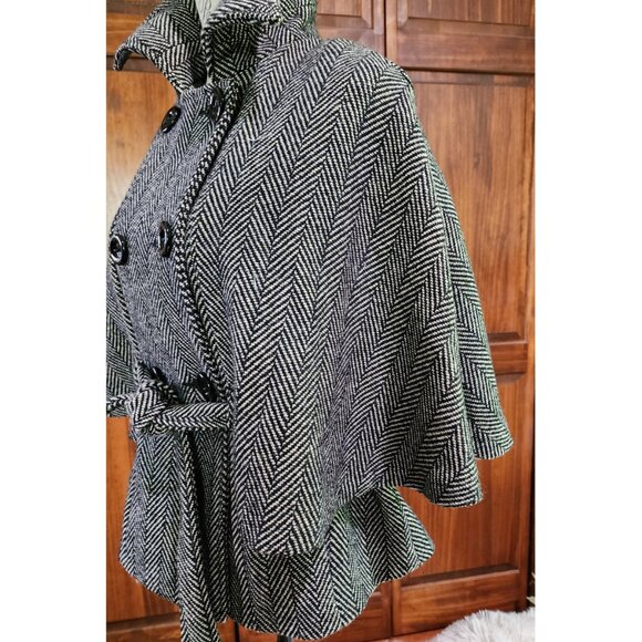 CEJON Belted & Caped "Holmes" Jacket S/M Black Ivory Gold Thread Herringbone - Picture 6 of 7